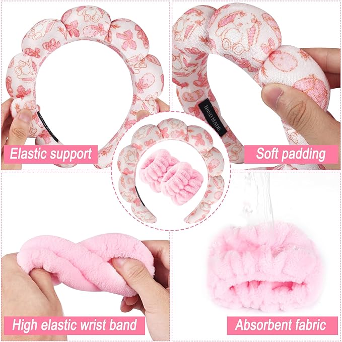 Zkptops Spa Headband for Washing Face Wristband Set Sponge Makeup Skincare Velvet Fabric Bubble Soft Get Ready Hairbands for Women Puffy Headwear Non Slip Thick Thin Hair Accessory(Pink Bow)
