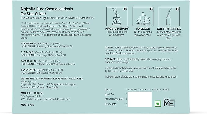 Majestic Pure, Rosemary, Sandalwood, Clary Sage and Patchouli Meditation Essential Oil Set | Perfect for Meditation, Yoga, Relaxation or Mindful Mornings | Pack of 4 x 0.3 Fl Oz