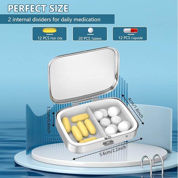 2 Compartment Pill Box, Portable for Pocket or Handbag, Decorative Metal Pill Box, Vitamin Organizer, Unique Gift (1 Piece, 39-Flowers Pinck)