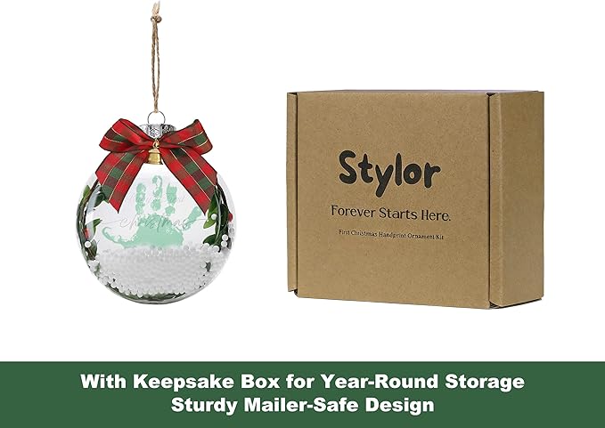 Stylor Baby's First Christmas Ornament 2025 - DIY Clear Plastic Flat Ball Handprint Kit Keepsake, for Newborn Boy or Girl, My 1st Xmas Tree Hanging Snowflakes Decoration