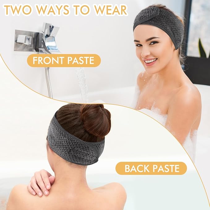 SINLAND Spa Headband for Women Ultra Soft Adjustable Makeup Hair Band with Magic Tape, Stretch Head Wrap for Bath, Shower, Facial Mask, Yoga