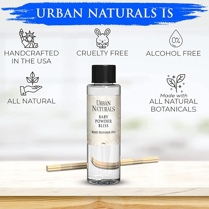 Urban Naturals Reed Diffuser Oil Refill, Baby Powder Bliss Diffuser Oils with Rose, Geranium, Cedar, 4 oz + Free Reed Sticks, Made in The USA