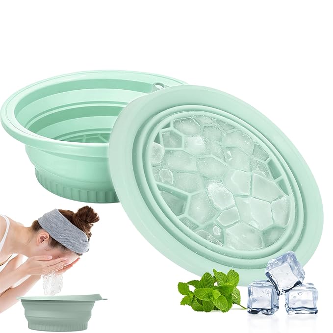 Face Bowl for Ice with Built-in Ice Tray – Collapsible Silicone Facial Ice Bath Bowl for Cold Plunge Therapy, Acne Relief & Skin Tightening – Green Home, Camping & Travel Portable Spa Tool