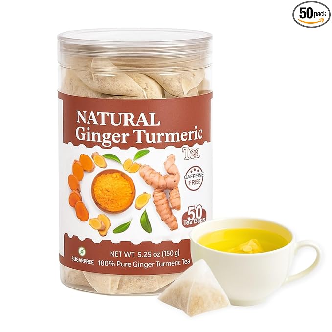 50 Ginger Turmeric Tea Bags – Premium Herbal Turmeric and Ginger Tea for Digestion and Immune Support, Caffeine-Free