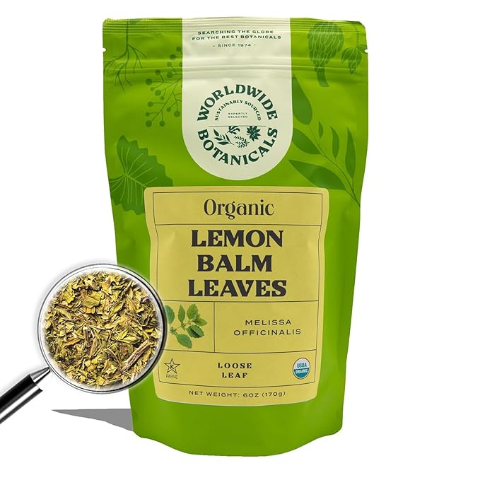 Worldwide Botanicals Organic Lemon Balm Tea, 6 Ounces - Loose Leaf Premium Herbal Tea | 100% Pure Lemon Balm Leaves | For Stress Relief and Good Digestion | Kosher