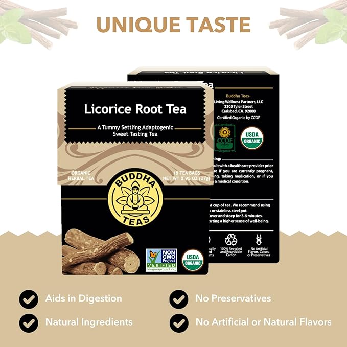 Buddha Teas - Organic Licorice Root Tea - Herbal Tea - For Health & Wellbeing - Immune Health & Digestion Support - Clean Ingredients - Caffeine Free - OU Kosher - 18 Tea Bags (Pack of 1)