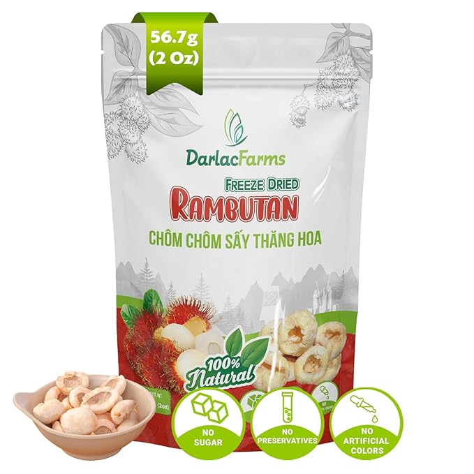 DARLAC FARMS Freeze Dried Rambutan Bites, Pack 1, No Sugar Added, Healthy Fruit Snacks for Kids, Adults & All Ages, Premium Organic Crispy Crunchy Snacks, Tea, Baking, Smoothie, Yogurt, 2 Oz