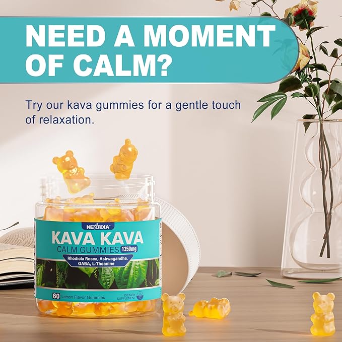 Kava Kava Gummies, Sugar Free Calm Gummies w/Rhodiola Rosea, Ashwagandha, L-Theanine, GABA, Melatonin-Free Kava Blend for Relaxation, Calm and Focus - Alternative to Kava Powder Capsules, Vegan 120 Ct