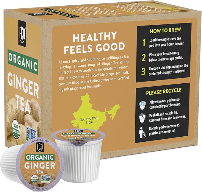 Organic Ginger Tea K-Cup Pods, 24 Pods by FGO - Compatible with Keurig - Naturally Caffeine-Free Herbal Tea, USDA Organic, Non-GMO, & Recyclable