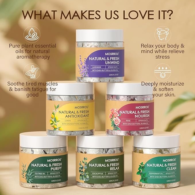 Epsom Bath Salts for Women Relaxing 6PCS Bath Salts Gift Set for Mom with Essential Oils for Bath Gifts on Birthday Mother's Day Christmas Lavender Eucalyptus Rose Lemon Tea Tree Peppermint