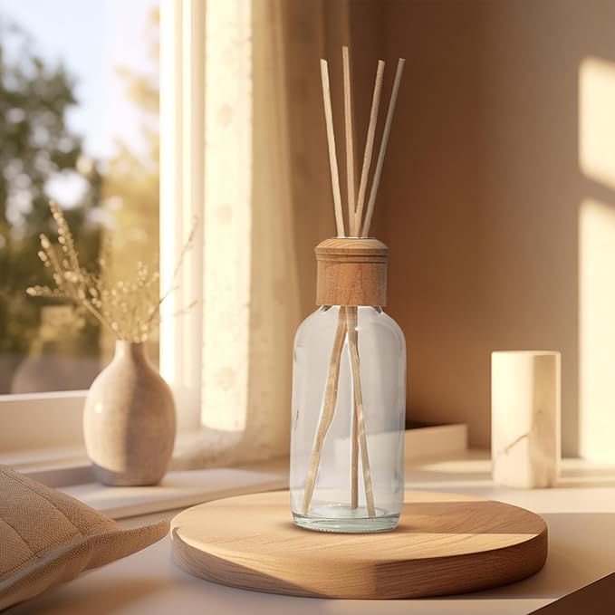Whole Housewares Reed Diffusers for Home - Transparent Glass with Wooden Top - Elegant Empty Design - Ideal Bathroom Diffuser - 4 Pieces - Stable and Artistic Base - Oil Stick Diffuser - 4.9 x 1.9 in