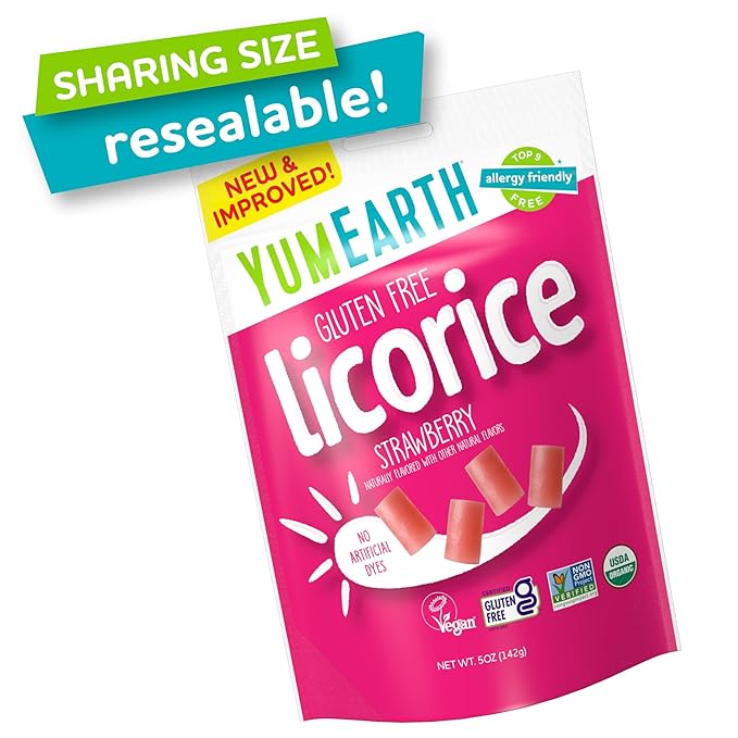 YumEarth Organic Gluten Free Strawberry Licorice Snack Packs - Allergy Friendly, Gluten Free, Non-GMO, Vegan, No Artificial Flavors or Dyes - 5 Ounce (Pack of 6)