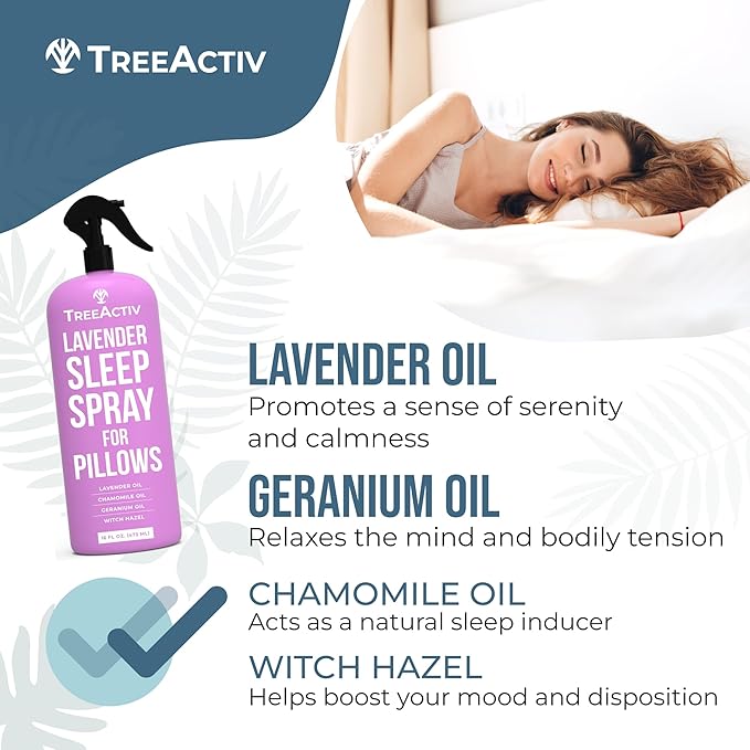 TreeActiv Lavender Pillow Spray for Sleep - 16 oz, Mist for Pillows and Bed, Witch Hazel Infused