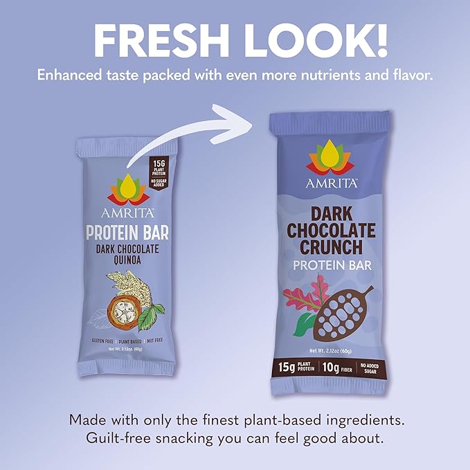 Amrita Nut Free Dark Chocolate Quinoa Vegan Protein Bars (12 Count) | 12g Plant-Based Protein Bar | Peanut Free, Gluten Free, and Dairy Free | Low Sugar, High Fiber, Healthy School-Safe Snacks