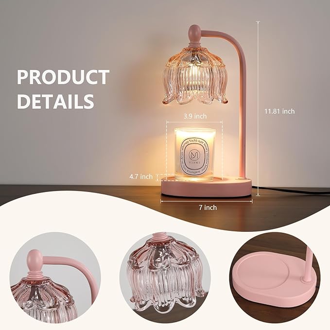 Pink Candle Warmer Lamp with Timer and Dimmer,Mother's Day Gifts for Mom/Wife, Melt Wax Warmer Lamp with 2 Bulbs for Candle Jars House Warming New Home Decor