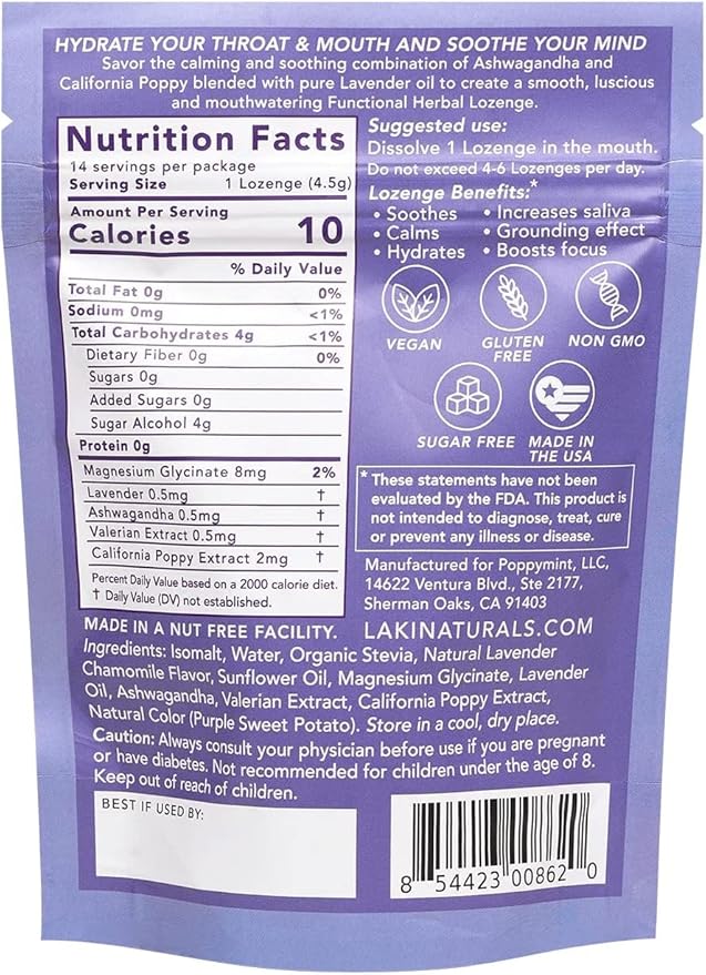 Laki Naturals Lavender Chamomile Calm Mood Functional Herbal Lozenges (2 Pack) Throat & Mood Calming Hard Candies with Magnesium, Ashwagandha, California Poppy & Valerian