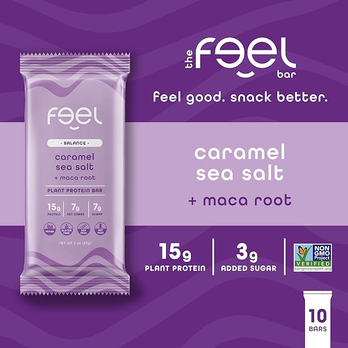 Feel Vegan Protein Bars | Caramel Sea Salt | Keto | Gluten Free | Organic | Maca Root | 15g Plant Protein | Low Carb | High Protein | Dairy Free | Low Sugar | Nut, Grain, Soy Free | 10 Pack