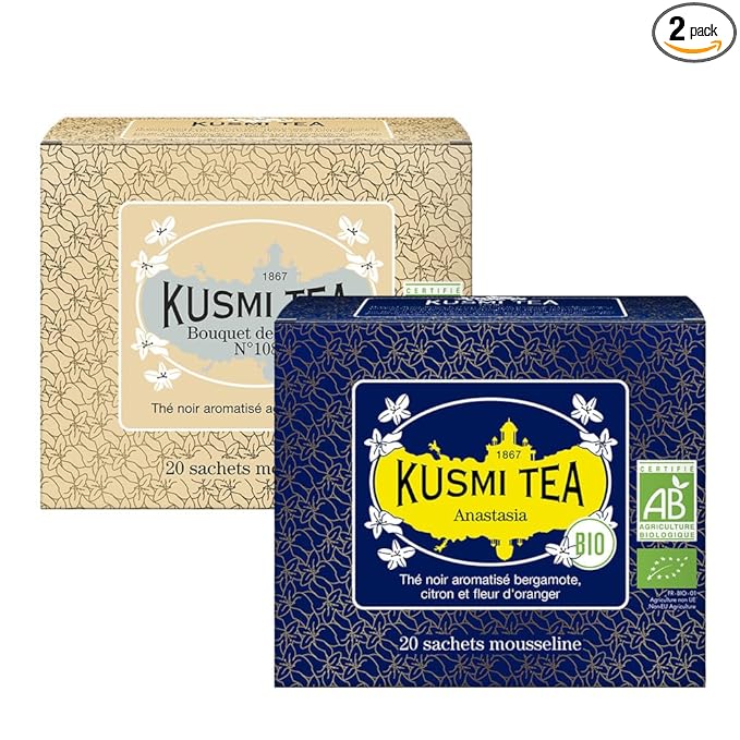 Kusmi Tea - Pack of 2 Boxes of Tea Bags - Anastasia + Bouquet of Flowers No.108 - Organic Black Tea with Bergamot + Organic Black Earl Grey Tea with Bergamot and Ylang-Ylang - 2x20 Tea Bags