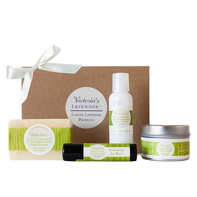 Victoria's Lavender Natural Body Products Gift Set - Handmade Soap, Hand & Body Lotion, Lip Balm, Made in the USA Body Candle Skin Care Set & Kits, Bath & Body Products for Women, Lavender Lemongrass