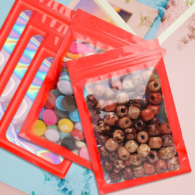 100 Pieces Smell Proof Mylar Bags, Holographic Packaging Bags, Resealable Odor Foil Pouch Zipper Bag with Clear Window for Food Storage and Lipgloss, Jewelry Lash (Red, 4 x 6 Inch)