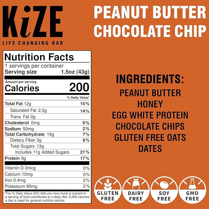 KiZE Energy Bars - Peanut Butter Lovers Variety Pack - Gluten Free, Dairy Free Options, Non-GMO, and High Protein Meal Replacement Energy Bars, Clean and Simple Food Ingredients - 7-10g High Protein Snacks, (10 Count)