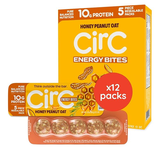 CirC Energy Bites - 12 Pack Honey Peanut Oat Gluten Free Protein Balls - 10g Protein, Whole Grains, Nuts & Fruit - Portable Healthy Snacks for Adults & Kids, 5 Piece Resealable Packs