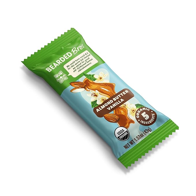 Bearded Brothers, Organic Vegan Protein Energy Bars, Almond Butter Vanilla (12 Pack) - Gluten Free, Paleo, Fiber, Whole 30 | Non GMO Low Glycemic Snacks (Packaging May Vary)