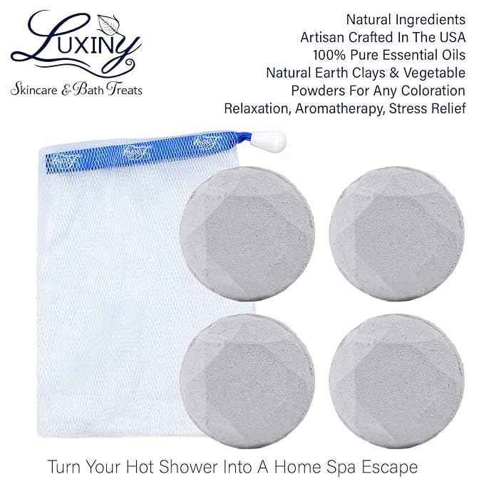 Shower Bombs Aromatherapy in Your Shower, American Made by Luxiny, Shower Steamer Tablets Melt to Release a Fragrant Vapor for Natural Stress Relief – Pack of 4 XL Steamers (Rosemary Lavender)
