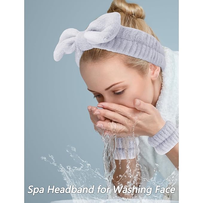 VELSCRUN Spa Headbands for Wash Face, Makeup Headband, Facial Skincare Headbands, 5 Pcs Grey Puffy Sponge Spa Headband Bow Tie Hair Band Hair Clips Wristband Set Women Girls Accessories
