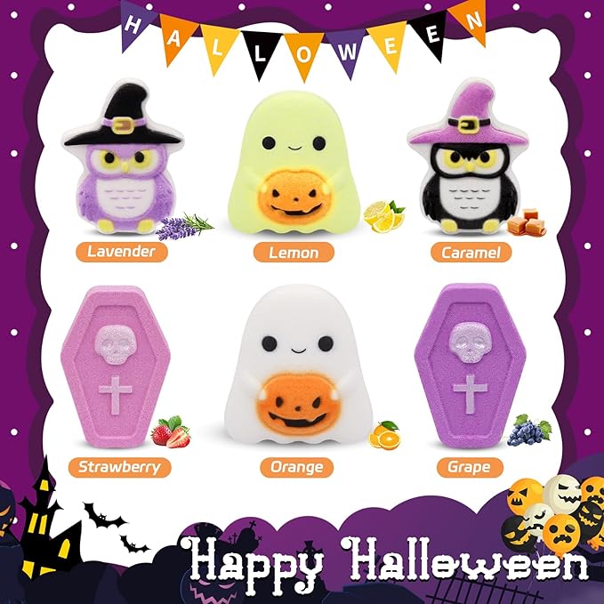 6 Pack Halloween Bath Bombs,Owl and Ghosts Bath Salt with Surprise Inside,Party Favor and Goodie Bag Fillers,Halloween Gifts for Kids (Halloween Nightfall)