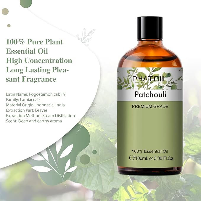 Patchouli 3.38fl.oz Essential Oil, PHATOIL Pure Aromatherapy Oils for Diffuser, Humidifier, Perfect for DIY Soap, Candle, Bath Bombs Making(100ml)