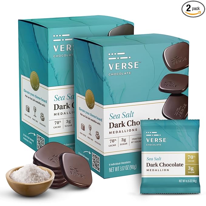 Verse Dark Chocolate Sea Salt Squares - Only 3g Cane Sugar - Creamy 70% Cocoa Dark Chocolate - Individually Wrapped Cacao Bar Squares (9 Count, 2 Pack)