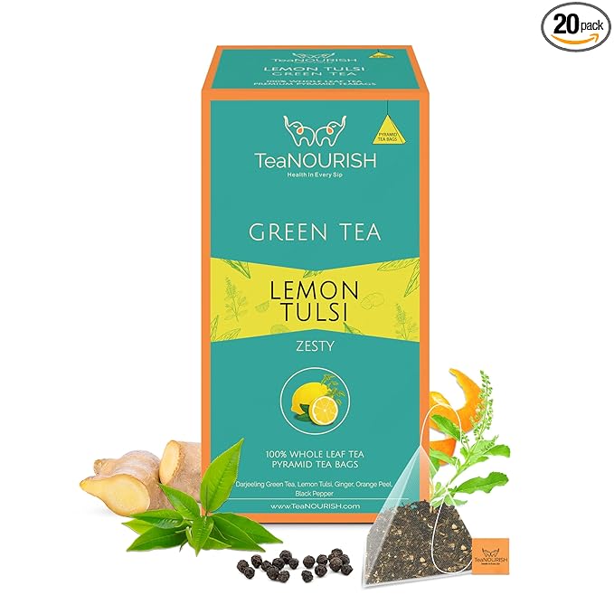 TeaNOURISH Lemon Tulsi Green Tea | 20 Count Pyramid Tea Bags | Darjeeling Whole Leave | Stress Relief Tea | Immune Support Tea | 100% Natural Infusion