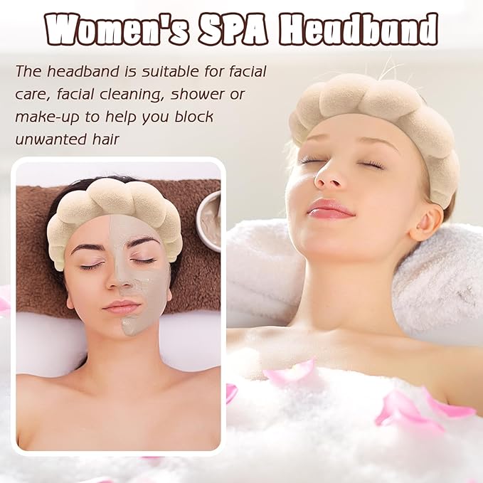 Zkptops Spa Headband for Women Sponge Makeup Skincare Headband Washing Face Wristband Set Terry Cloth Bubble Soft Get Ready Hairband Puffy Padded Headwear Non Slip Thick Hair Accessory(Beige)