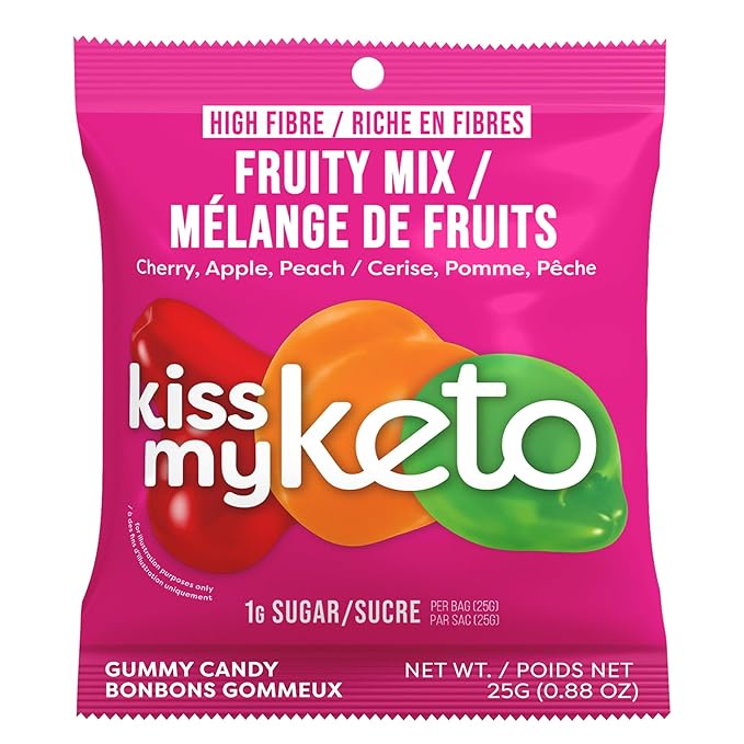 Kiss My Keto Sugar Free Gummies, Fruity Mix 32-Pack – Satisfy Cravings while Staying in Ketosis – High Fiber, 7g Net Carbs, Non-GMO, Vegan, & Gluten-Free – Low-Calorie Vegan Candy