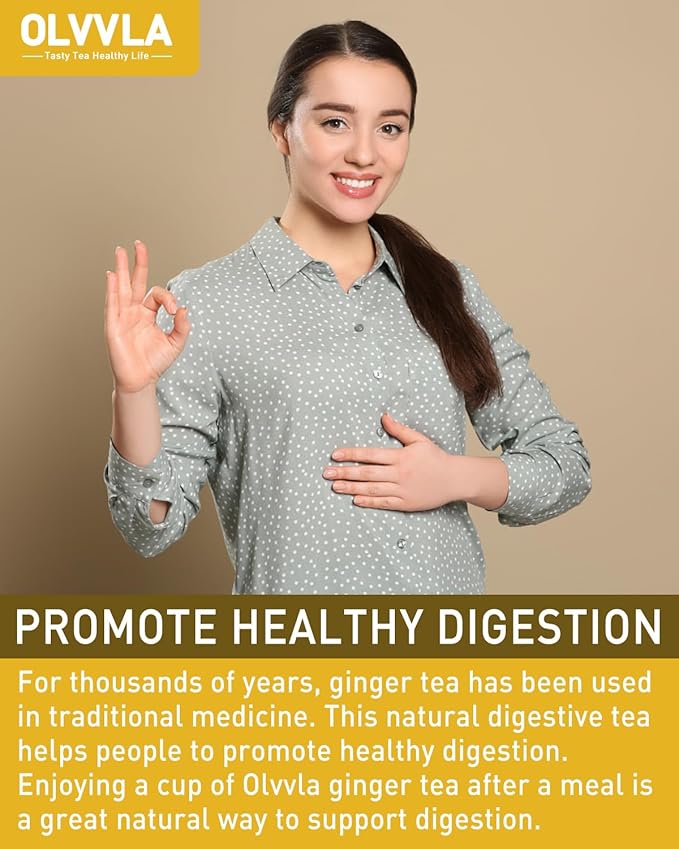 Olvvla - Premium Ginger Tea Bags - 2g X 56 Count - 100% Pure Natural Ginger Root Herbal Tea - Cut & Sifted - Non-GMO - Caffeine-free - Warm & Spicy - Relieve Nausea & Support Digestion