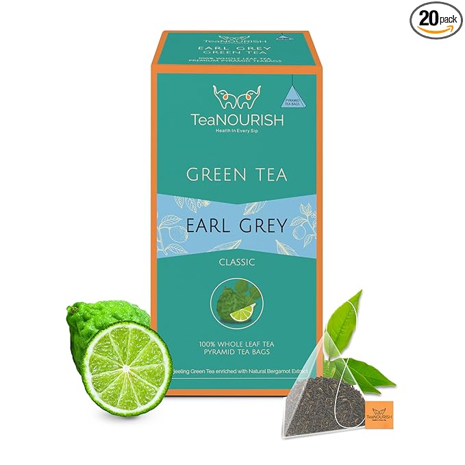 TeaNOURISH Earl Grey Green Tea | 20 Count Pyramid Tea Bags | Darjeeling Whole Leaf Tea Enriched with Natural Bergamot Extract | 100% NATURAL INGREDIENTS