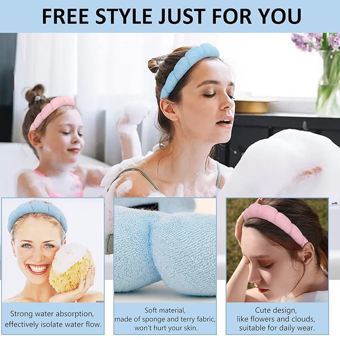 AMCAMI 2PCS Mimi and Co Spa Headband for Women Sponge Headbands for Girls Terry Towel Cloth Fabric Head Band for Face Washing, Skincare, Makeup Removal, Shower, Hair Accessories (Pink&Blue)