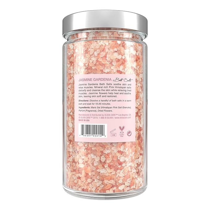 Olivia Care Pink Himalayan Bath Salts Exfoliate, Heal, Rejuvenate, Cleansing & Soothes Skin | Made with Natural Ingredients. Fresh Fragrance - 12 OZ (Jasmine Gardenia, 1 Pack)