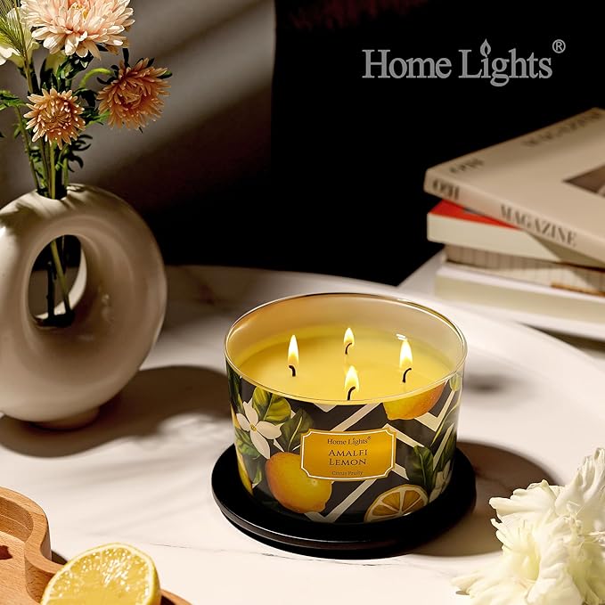 HomeLights Large jar Candle | 4-Wick Long-Lasting Scented Candles, 18oz Natural Soy Wax Candle for Home Scented, Eclectic Mixed Styles Gifts for Women & Men, Amalfi Lemon