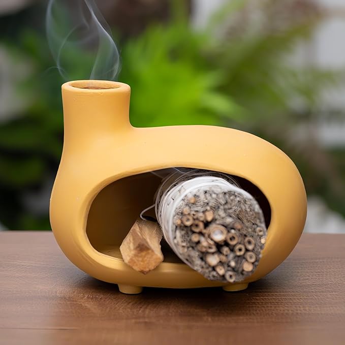 Yellow Palo Santo Holder with Chimney–Mini Fireplace Incense Burner for Sage Burning, Wood Sticks, Cones&Tealights-Handcrafted Ceramic Smudge Bowl,Aromatic Incense Burner-Yoga Meditation Gift