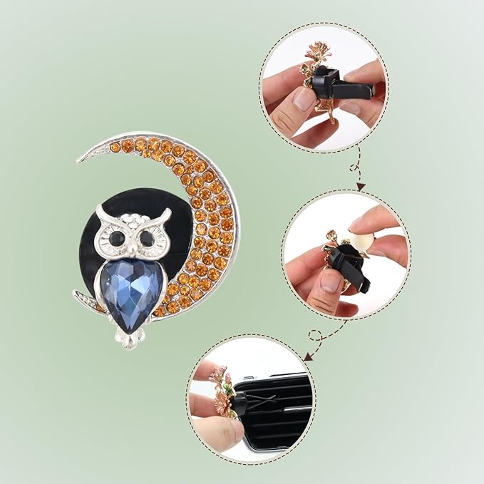2pcs Owl Moon Air Vent Clip Car Air Freshener Bird Bling Blue Car Accessories for Women Teens Gothic Car Decor Dazzling Car Diffuser Outlet Clips