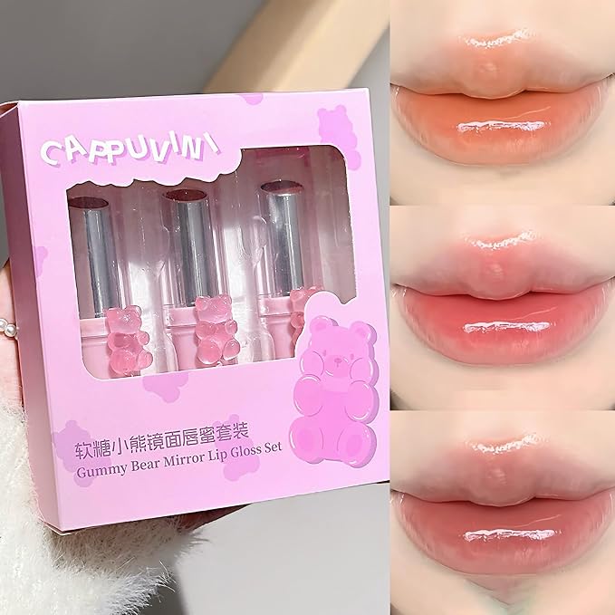 3 Pcs Cute Bear Glossy Lipstick Set, Moisturizing Smooth Sweet Tinted Lip Balm, Hydrating Non-Stick Cup Jelly Lipstick Gift Set, Lip Makeup for Girls (Light Pink, 3 PCS)