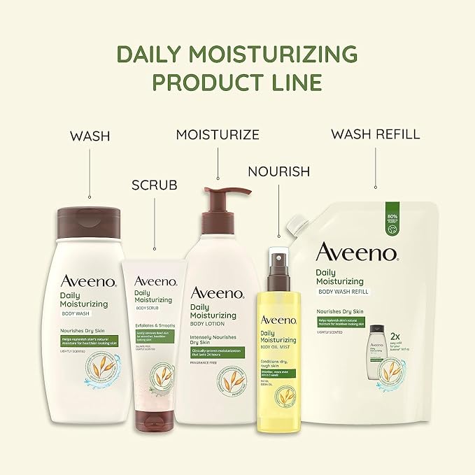 Aveeno Daily Moisturizing Body Lotion for Dry Skin with Prebiotic Oat, Fragrance & Paraben Free, Non-Greasy, Non-Comedogenic, for Sensitive Skin & 48-Hour Moisturizer 18 Fl Oz