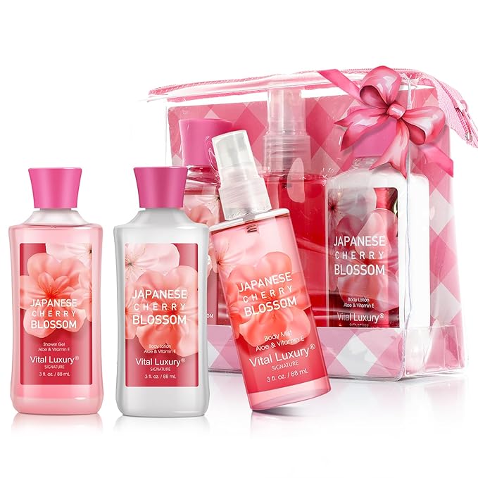 Bath and Body Gift Set for Women & Girls, Japanese Cherry Blossom Spa Set With Natural Extracts-Shower Gel, Body Lotion, Body Mist, Body Care Travel Set for Birthday Mother's Day Gifts