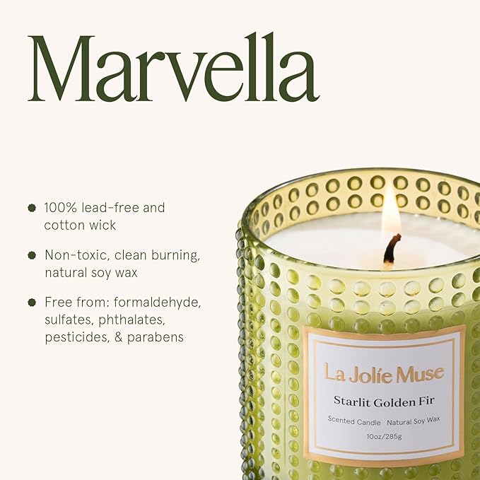 LA JOLIE MUSE Christmas Candles, Starlit Golden Fir Candle - Cedarwood, Patchouli, Fir Balsam | 10 oz Natural Soy Wax | 55 Hours Clean Burn |Winter Holiday Gift | Gift-Ready for Hosts & Gatherings