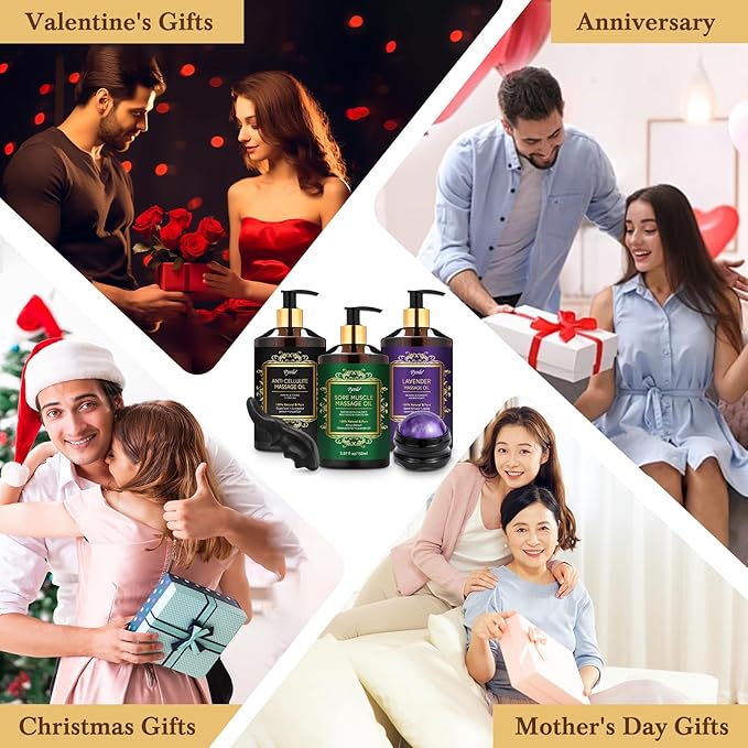 3 Pack Massage Oil for Massage Therapy, Lavender Oil for Relaxation, Sore Muscle Arnica Oil & Cellulite Massage Oil, with Massage Roller Ball & Thumb Saver Massage Tool, Massage Kit for Him Her