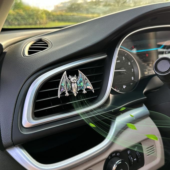 Bat Air Vent Clip Car Air Freshener Outlet Clips Natural Abalone Shell Seashell Color Vampire Bat Car Accessories Gothic Car Decor Refillable Car Diffuser Clips (Medium Bat)