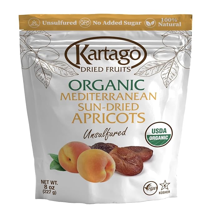 Kartago Organic Dried Apricots - Unsulfured Mediterranean Sun Dried Apricots - Vegan, Kosher, Gluten Free, No Added Sugar - Healthy Natural Vegan Snacks - 8oz (2-pack)