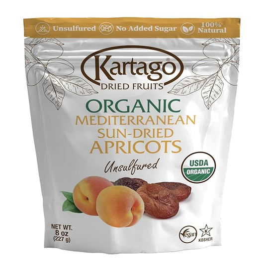 Kartago Organic Dried Apricots - Unsulfured Mediterranean Sun Dried Apricots - Vegan, Kosher, Gluten Free, No Added Sugar - Healthy Natural Vegan Snacks - 8oz (2-pack)